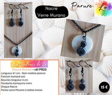 Parure noire Nacre verre Murano noir Les Couleurs de Lo
