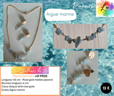 Parure rose gold clous d'oreille disque strié Aigue marine Les Couleurs de Lo