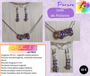 Parure argentée perles Argent tibétain Jade de Malaisie violet Les Couleurs de Lo