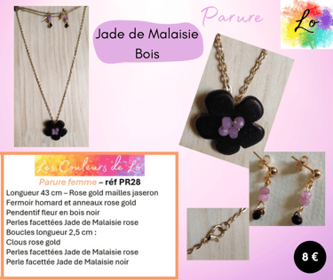 Parure rose gold pendentif fleur bois Jade de Malaisie rose Les Couleurs de Lo