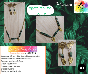 Parure dorée clous fleur Agate mousse et Fluorite feuilles métal Les Couleurs de Lo