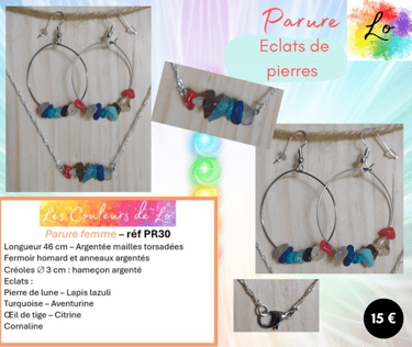 Parure argentée éclats de pierre 7 chakra Les Couleurs de Lo
