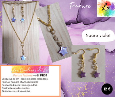 Parure dorée chaînette étoiles étoiles Nacre violet Les Couleurs de Lo