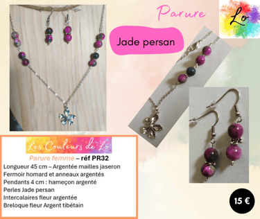 Parure argentée pendentif fleur Argent tibétain Jade persan Les Couleurs de Lo