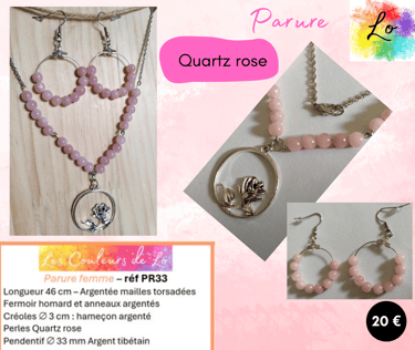 Parure argentée pendentif Argent tibétain Quartz rose Les Couleurs de Lo
