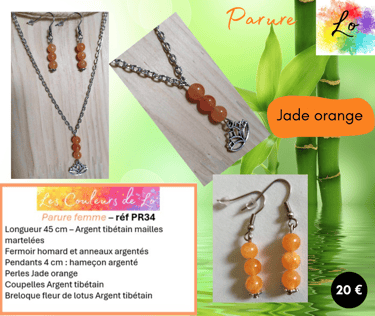 Parure Argent tibétain pendentif fleur de lotus Jade orange Les Couleurs de Lo