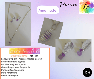 Parure argentée pendentif cage clous d'oreille fleur Améthyste Les Couleurs de Lo