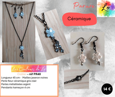 Parure noire fleur céramique perles métallisées argent Les Couleurs de Lo