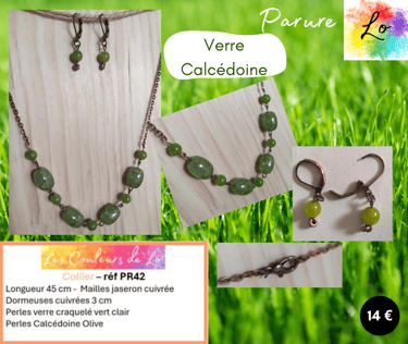 Parure cuivrée Calcédoine olive verre craquelé vert clair Les Couleurs de Lo