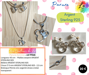Parure Argent Sterling 925 breloque Minnie acier argenté strass cristal Les Couleurs de Lo