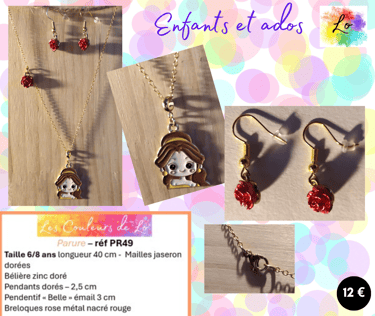 Parure dorée pendentif Belle émail breloque rose métal nacré rouge Les Couleurs de Lo