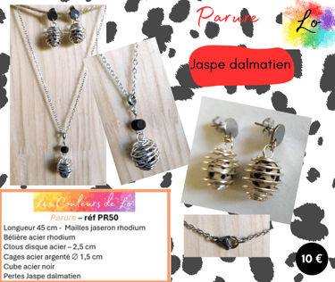 Parure argentée Jaspe dalmatien cages métal cube métal noir Les Couleurs de Lo