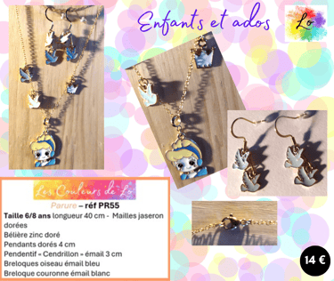 Parure dorée pendentif Cendrillon émail breloques oiseau couronne émail Les Couleurs de Lo
