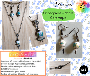 Parure gun métal Chrysoprase Nacre céramique décorée perle acier gris Les Couleurs de Lo