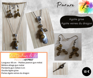 Parure gun métal Agate grise Agate veines du dragon Les Couleurs de Lo