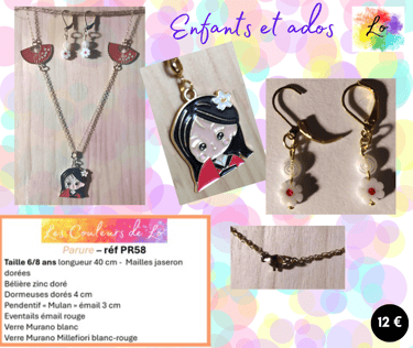 Parure dorée pendentif Mulan émail éventails émail rouge verre Murano Les Couleurs de Lo