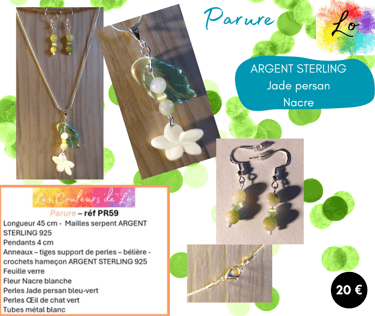 Parure Argent Sterling Jade persan fleur Nacre Œil de chat Les Couleurs de Lo