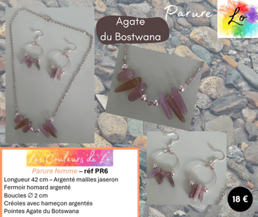 Parure argentée créoles Agate du Botswana Les Couleurs de Lo
