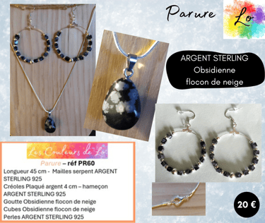 Parure Argent Sterling Obsidienne flocon de neige Les Couleurs de Lo