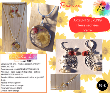 Parure Argent Sterling pendentif fleurs séchées fleurs verre nacré Les Couleurs de Lo