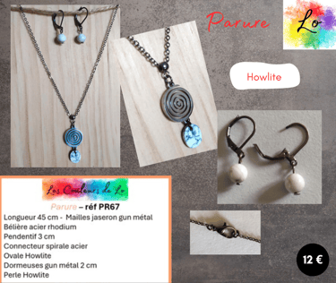 Parure gun métal spirale acier Howlite Les Couleurs de Lo