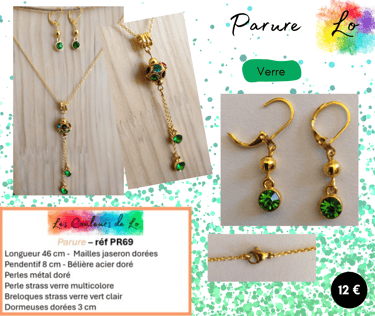 Parure dorée pendentif strass multicolore breloques verre vert clair Les Couleurs de Lo