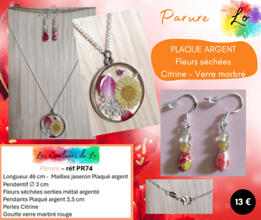 Parure Plaqué argent pendentif fleurs séchées Citrine goutte verre marbré rouge Les Couleurs de Lo