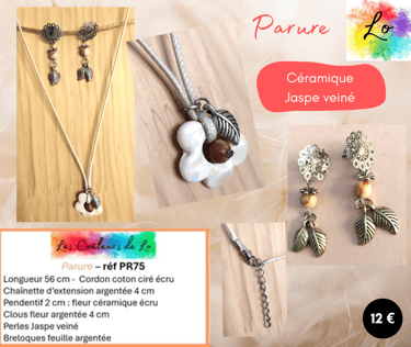 Parure argentée coton ciré fleur céramique Jaspe veiné Les Couleurs de Lo