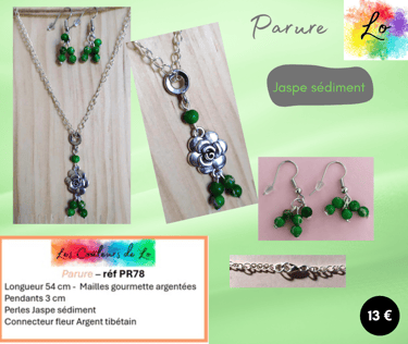 Parure argentée fleur Argent tibétain Jaspe sédiment vert Les Couleurs de Lo