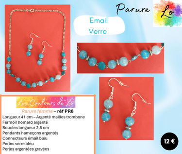 Parure argentée émail bleu verre bleu Les Couleurs de Lo