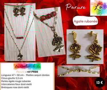 Parure dorée collier double Agate rouge rubanée rose dorée Les Couleurs de Lo