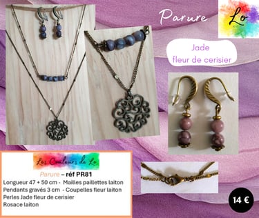 Parure laiton collier double Jade fleur de cerisier rosace laiton Les Couleurs de Lo