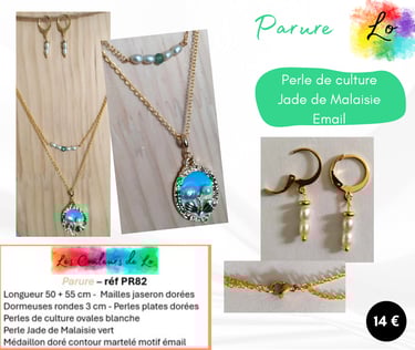 Parure dorée collier double perles de culture Jade de Malaisie médaillon émail Les Couleurs de Lo