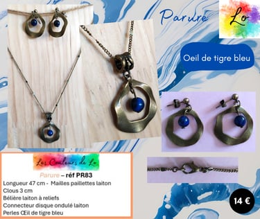 Parure laiton disque ondulé Œil de tigre bleu Les Couleurs de Lo