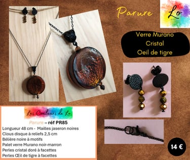 Parure noire verre Murano cristal doré Œil de tigre Les Couleurs de Lo