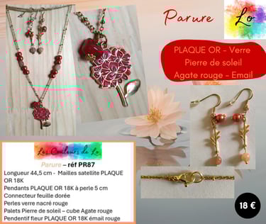 Parure Plaqué or fleur émail verre nacré rouge Pierre de soleil Les Couleurs de Lo