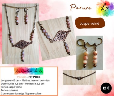 Parure cuivrée Jaspe veiné connecteur losange filigrane Les Couleurs de Lo