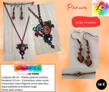 Parure cuivrée connecteur cœur filigrane Jade cinabre Les Couleurs de Lo