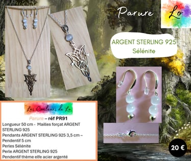Parure Argent sterling Sélénite pendentif elfique Les Couleurs de Lo