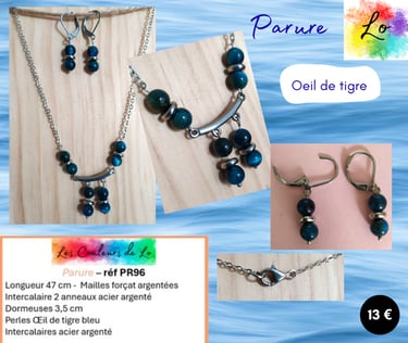 Parure argentée Oeil de tigre bleu Les Couleurs de Lo