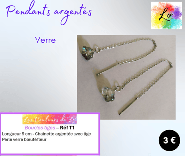 Boucles pendants argentés chaînette fleur en verre Les Couleurs de Lo