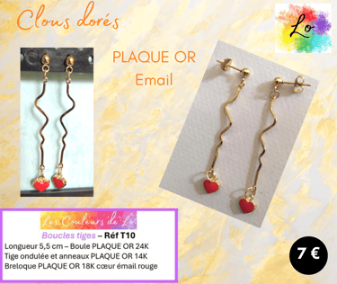 Clous d'oreille Plaqué or tige rigide cœur émail rouge Les Couleurs de Lo