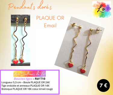 Boucles pendants Plaqué or tige rigide cœur émail rouge Les Couleurs de Lo