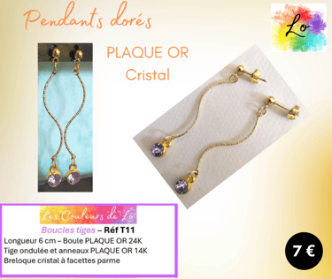 Boucles pendants Plaqué or tige rigide cristal parme Les Couleurs de Lo