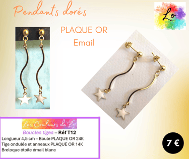 Boucles pendants Plaqué or tige rigide étoile émail blanc Les Couleurs de Lo