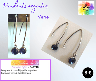 Boucles pendants argentés tige rigide verre bleu Les Couleurs de Lo