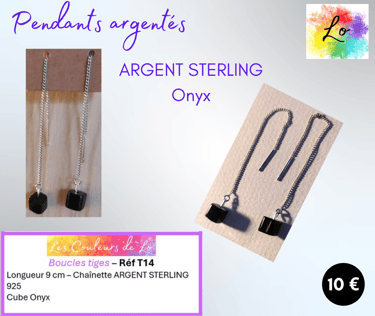 Boucles pendants argent Sterling 925 chaînette Onyx Les Couleurs de Lo