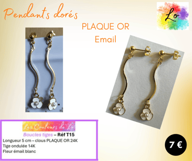 Boucles pendants Plaqué or tige rigide fleur émail blanc Les Couleurs de Lo