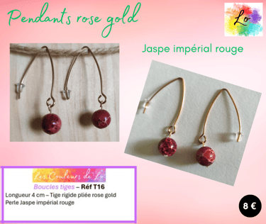 Boucles pendants rose gold tige pliée Jaspe impérial rouge Les Couleurs de Lo