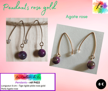 Boucles pendants rose gold tige pliée Agate rose Les Couleurs de Lo